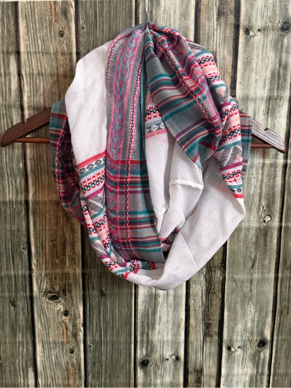 Lightweight White Infinity Scarf with Pink & Teal Stripes